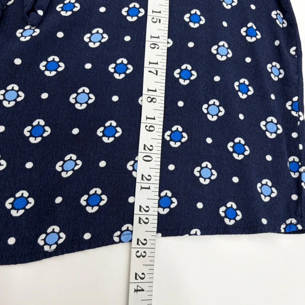 LOFT Womens Medium Navy Blue Floral Medallion Tie Neck Puff Short Sleeve Blouse